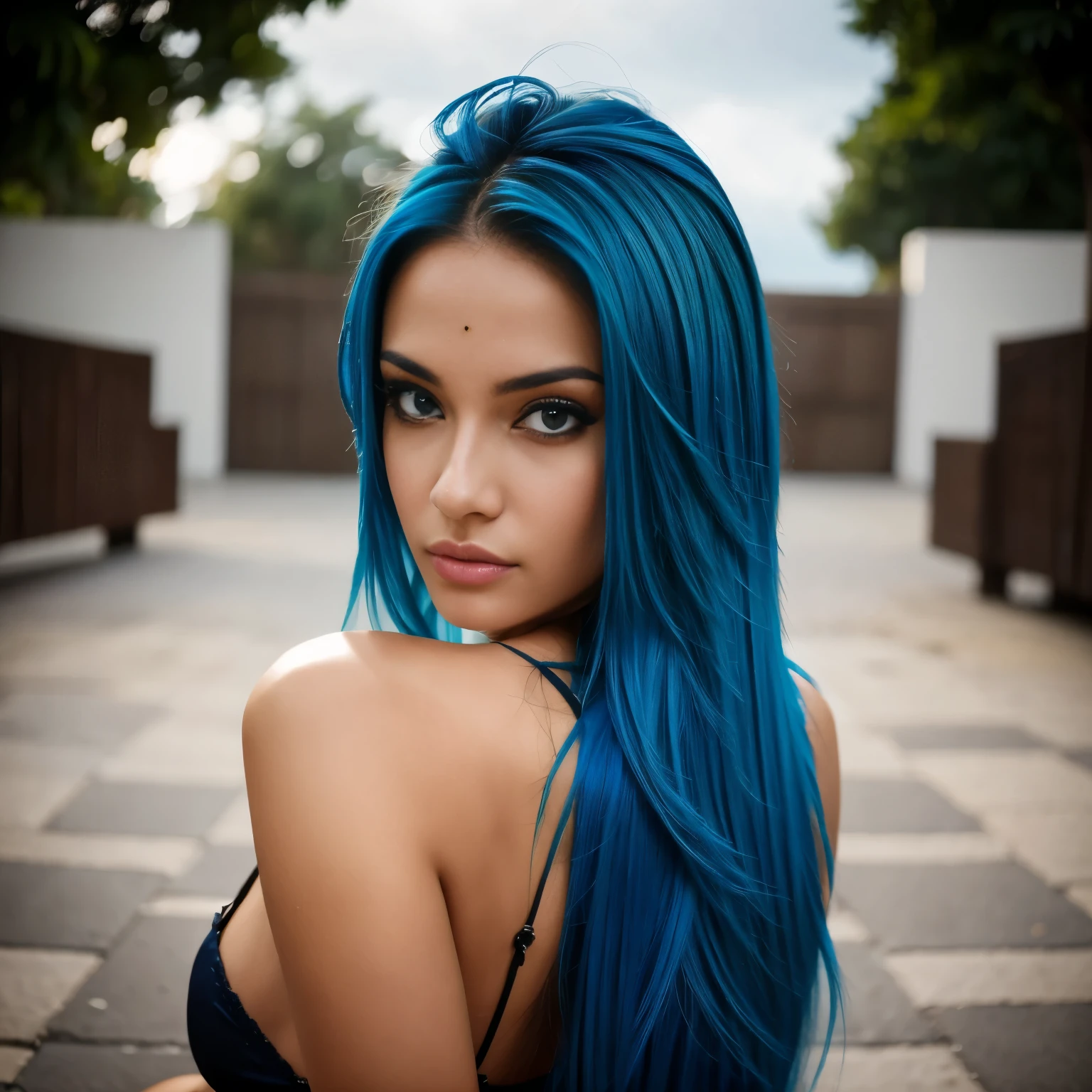 Chica hermosa, Brazilian model, 21-year-old, electric blue hair model, mirando a la camara, mujer de rostro hermoso, mujer de cabello largo,