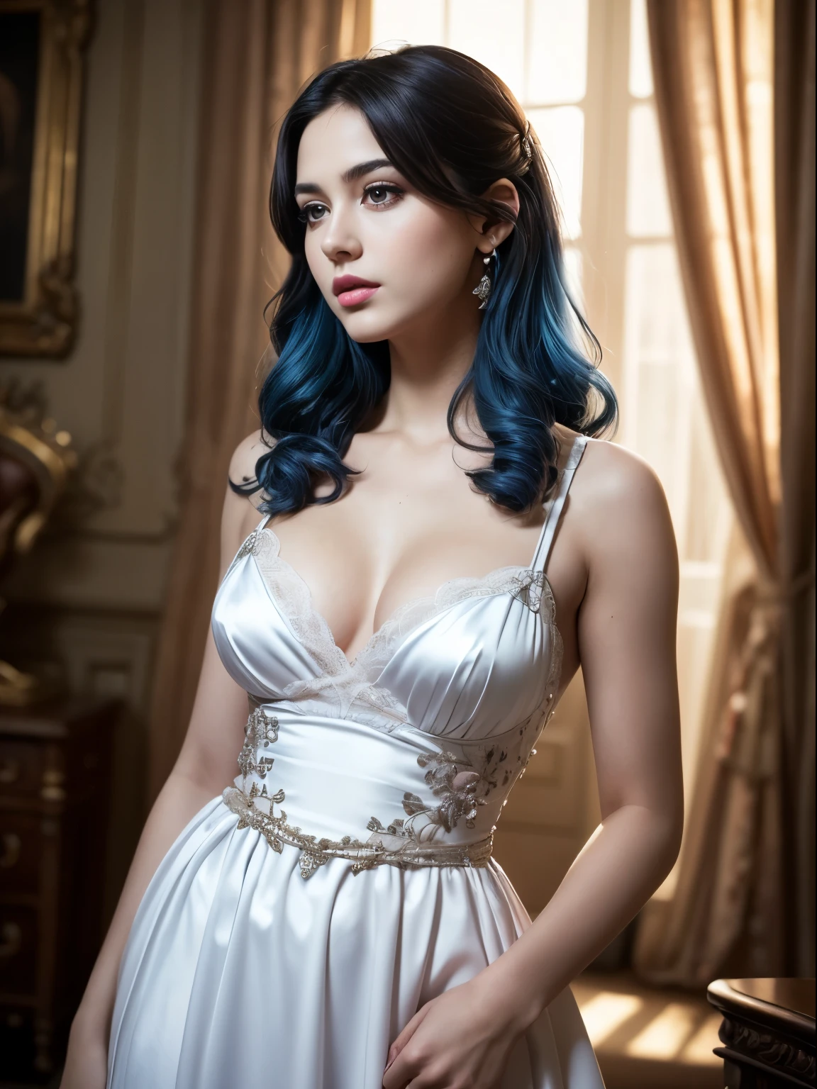 (Best quality,8K,A high resolution,Masterpiece:1.2, DSLR, 16k ),Ultra-detailed,(Realistic,Photorealistic,photo-realistic:1.37),Portrait, Creative style artwork, Historical, classical, Sophisticated, plethora of colors ,Highly detailed, Soft lighting, luxurious environment , there is young woman , girl wearing a blue silk classy royal dress, performing a music video, slim fit (oval perfect shape, asymmetrical face structure, perfect proportion, almond eye type, hazal eye color, detailed eyes, blue hair color, 32 inch breasts, hourglass figure, slim body, pale white skin tone ,sexy girl, 22 years old, soft wavy hair, looking away, attitude expression, professional makeup, pink lips)