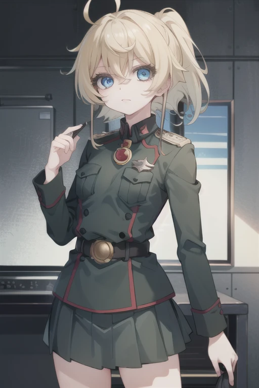 ((ultra detailed, masterpiece, best quality))
 HVictoria, 1girl, solo, blonde hair, blue eyes, military uniform, skirt