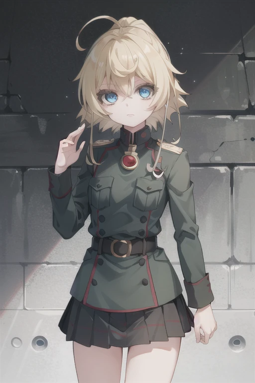 ((ultra detailed, masterpiece, best quality))
 HVictoria, 1girl, solo, blonde hair, blue eyes, military uniform, skirt