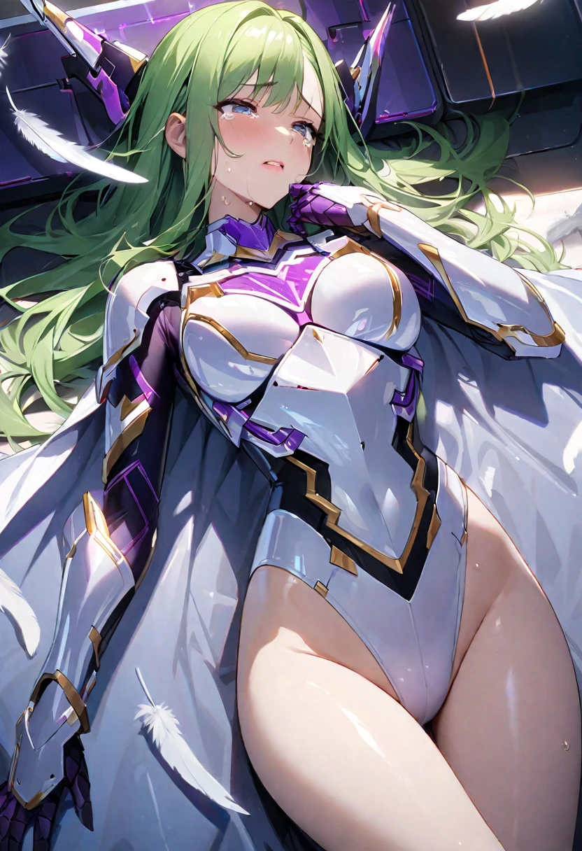masterpiece、highest quality、Ultra-high resolution、Maximum resolution、Very detailed、Professional Lighting、anime、Adult female、thin、so beautiful、Crying face、White patent leather high leg leotard、Purple pattern、((Cyber Armor))、Shiny Armor、White decoration、Cyber Headgear、Skin is visible from the shoulders、Gold earrings、Green Hair、Long Hair、Purple Ideam Chest、Pink Lips、White Cape、On the back grows large feathers、Frightened appearance、Lying down、Lying face up、I'm scared and panicked、Overall view