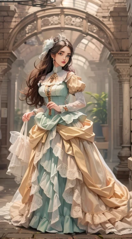 beautiful young woman, European view (A European view), in an intricate, romantic Victorian outfit