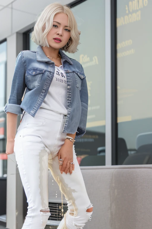 ((((white skinny jeans:1.2)))), (Best Quality,high resolution,bokeh:1.2),blonde woman,Pronounced wrinkles,platinum blonde hair,((very short frizzy Blunt Textured bob haircut)),Detailed eyes and face,white blouse,(standing:1.0),(big smile), Posing, standing in an office,(black high heel pumps)), ((show heels)), jeans are wrinkled from wetness, peeing, wetting self, shins of jeans soaked with pee, pee spreading on hips, legs of jeans wet with pee