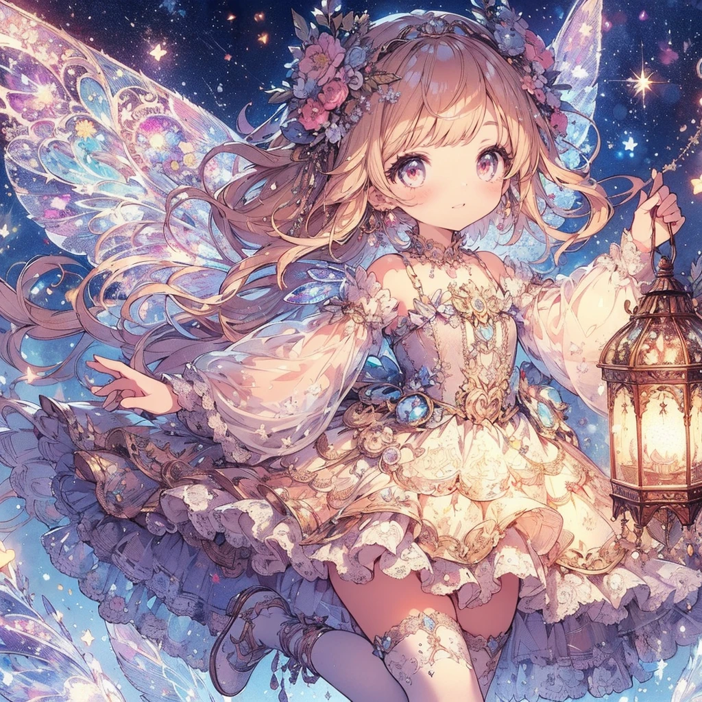 (Exquisite, beautiful, Very detailed, masterpiece, High resolution,high quality,High resolution),(Well-formed face,Soft and thin lines: 1.2, beautiful, Delicate and vivid illustrations with a mature and clear feel) , A flying fairy holding a lit lantern on a sparkling starry night background,A fairy with beautiful fairy wings growing from her back, wearing a frilly dress with an open neckline and knee-high socks decorated with lace, frills and ribbons, and a corset.,She is wearing a tiara, necklace, earrings and bracelet.,(A fair-skinned, short eyebrowed fairy with pale pink cheeks, a small toothless mouth with plump pink lips, beautiful eyes, and a fairly large, fluffy bust.),Moon, Stars and Shooting Stars,Watercolor illustrations with vibrant colors, striking colors, and dynamic angles,Dream Cute,