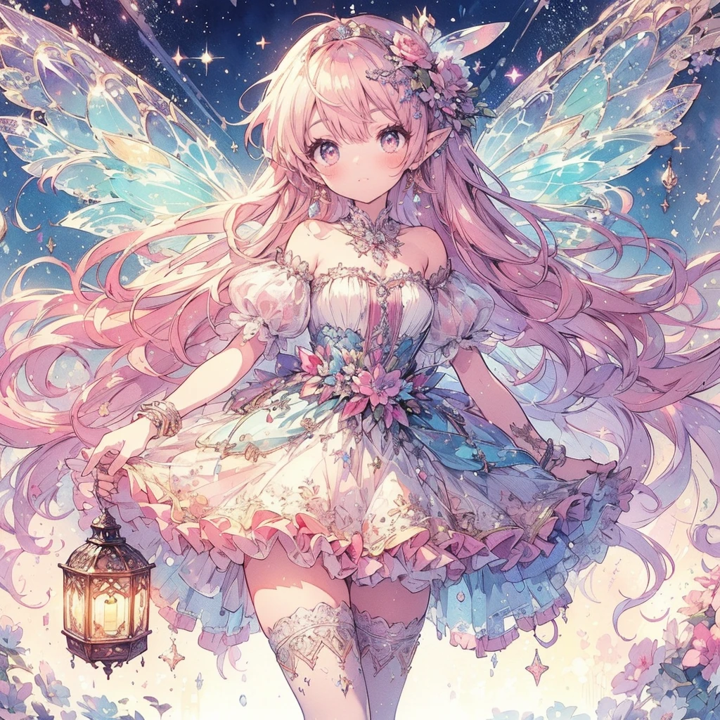 (Exquisite, beautiful, Very detailed, masterpiece, High resolution,high quality,High resolution),(Well-formed face,Soft and thin lines: 1.2, beautiful, Delicate and vivid illustrations with a  and clear feel) , A flying fairy holding a lit lantern on a sparkling starry night background,A fairy with beautiful fairy wings growing from her back, wearing a frilly dress with an open neckline and knee-high socks decorated with lace, frills and ribbons, and a corset.,She is wearing a tiara, necklace, earrings and bracelet.,(A fair-skinned, short eyebrowed fairy with pale pink cheeks, a small toothless mouth with plump pink lips, beautiful eyes, and a fairly large, fluffy bust.),Moon, Stars and Shooting Stars,Watercolor illustrations with vibrant colors, striking colors, and dynamic angles,Dream Cute,