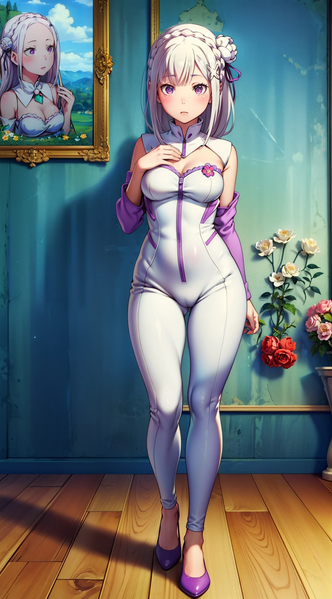 Emilia re:zero, purple eyes, Emilia, crown braid, x hair ornament, flower hair ornament, white hair, long hair, medium breasts, 1girl, ((masterpiece, best quality:1.2)), (masterpiece:1.6), reverse bunny suit, best anatomy, unique, bubblegum, plushies, colorful