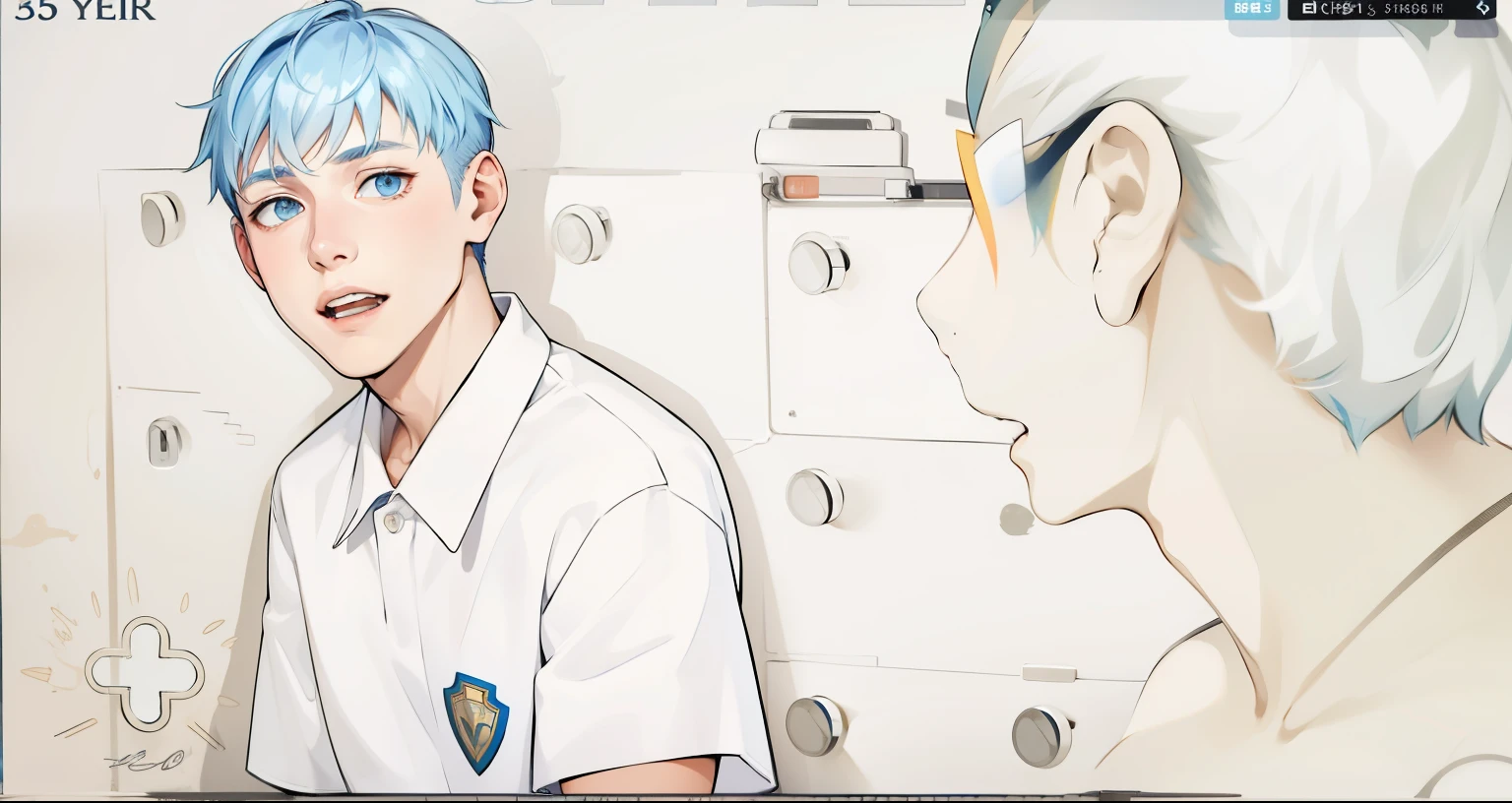 There are two 17-year-old boys with blue hair looking at each other's faces.
