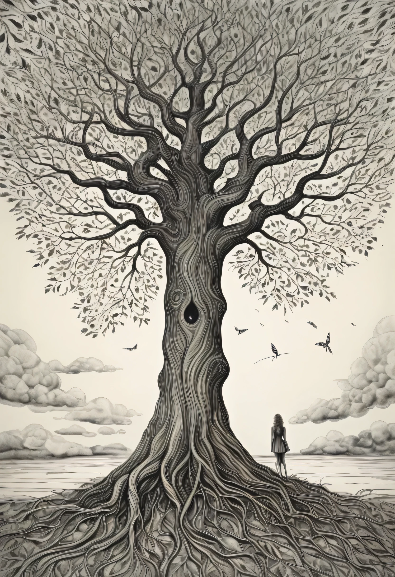 Best quality, masterpiece, super high resolution, (realism: 1.4), oil painting style, film lighting,there is a drawing of a tree with a man and a woman, sketch of a lucid dream, inspired by William Blake, surreal drawing, artistic drawing, exquisite corpse, classroom doodle, tree of life seed of doubt