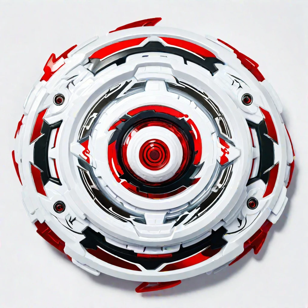 masterpiece, best quality, ultra-detailed  digital art illustration of a white beyblade blade base with red and black decals, Anime-influenced graphic look, white background, no human, anime-inspired style, 8k