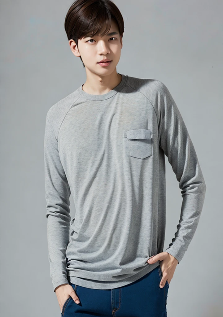 (masterpiece, best quality:1.2), 1boy, solo,
Gray background, front view, front shot, bust to crotch, makeup shot, real, clear, realistic, pocket insert,