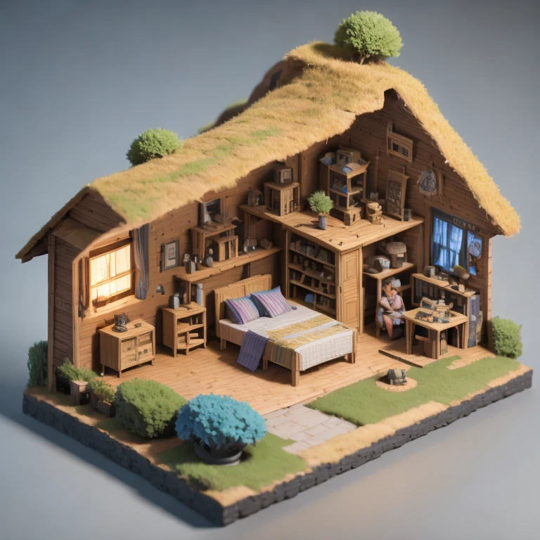 there is a small model of a small house with a roof, diorama model, highly detailed sculpey diorama, surreal sci fi set design, highly detailed diorama, diorama, detailed scene, eeri, miniature model, backside of scenography elements, by Lee Loughridge, by Brigette Barrager, diorama picture, witch hut with a couch and a tv, stylized 3d render, adventure hyper realistic render, daily render, hyper detailed 3 d render, highly detailed diorama, hyper detailed 3d render, extreme render, highly detailed 3 d render, highly detailed 3d render, super detailed render, very detailed render, 3 d videogame render，stylized 3d render, 3 d render stylized, cute 3 d render, hyper detailed 3 d render, hyper detailed 3d render, daily render, stylized as a 3d render, very detailed render, 3 d stylize scene, super detailed render, fully detailed render, highly detailed 3d render