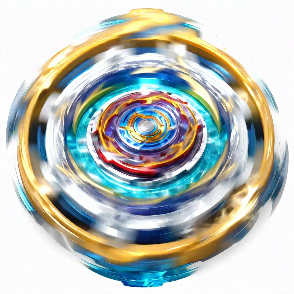 masterpiece, best quality, ultra-detailed digital art illustration of a Beyblade top mid-spin, capturing the motion and energy as if it has just been launched. The spinning should create a blur effect around the edges, emphasizing the speed and dynamism of the Beyblade. The top should show motion lines and a slight distortion to convey movement, intense blur effect, Anime-influenced graphic look, white background, no human, anime-inspired style, 8k, isometric view