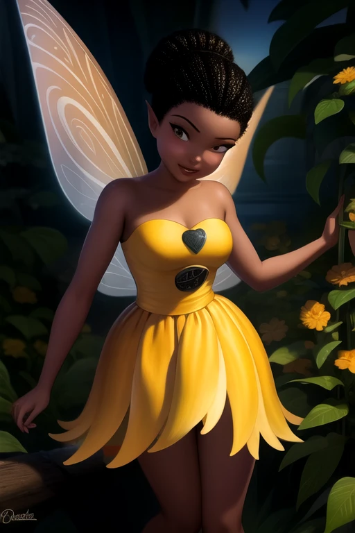 (masterpiece, best quality:1.2), 1girl, solo, Iridessa, black hair, dark-skinned female, fairy wings, yellow dress