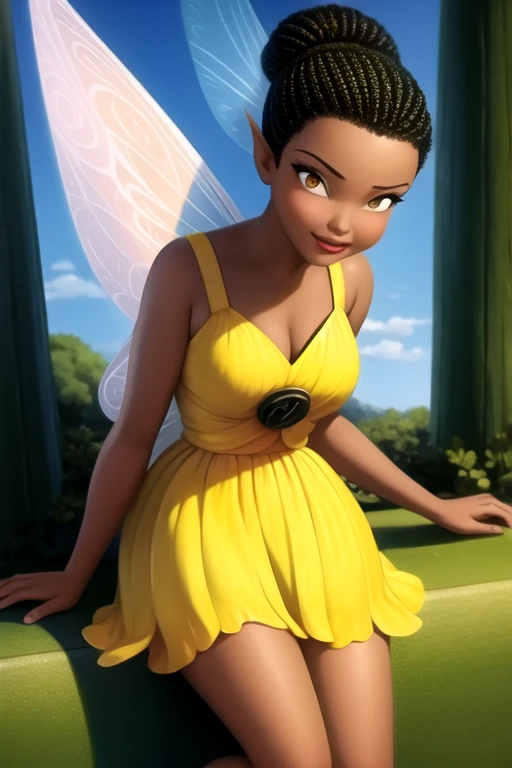 (masterpiece, best quality:1.2), 1girl, solo, Iridessa, black hair, dark-skinned female, fairy wings, yellow dress