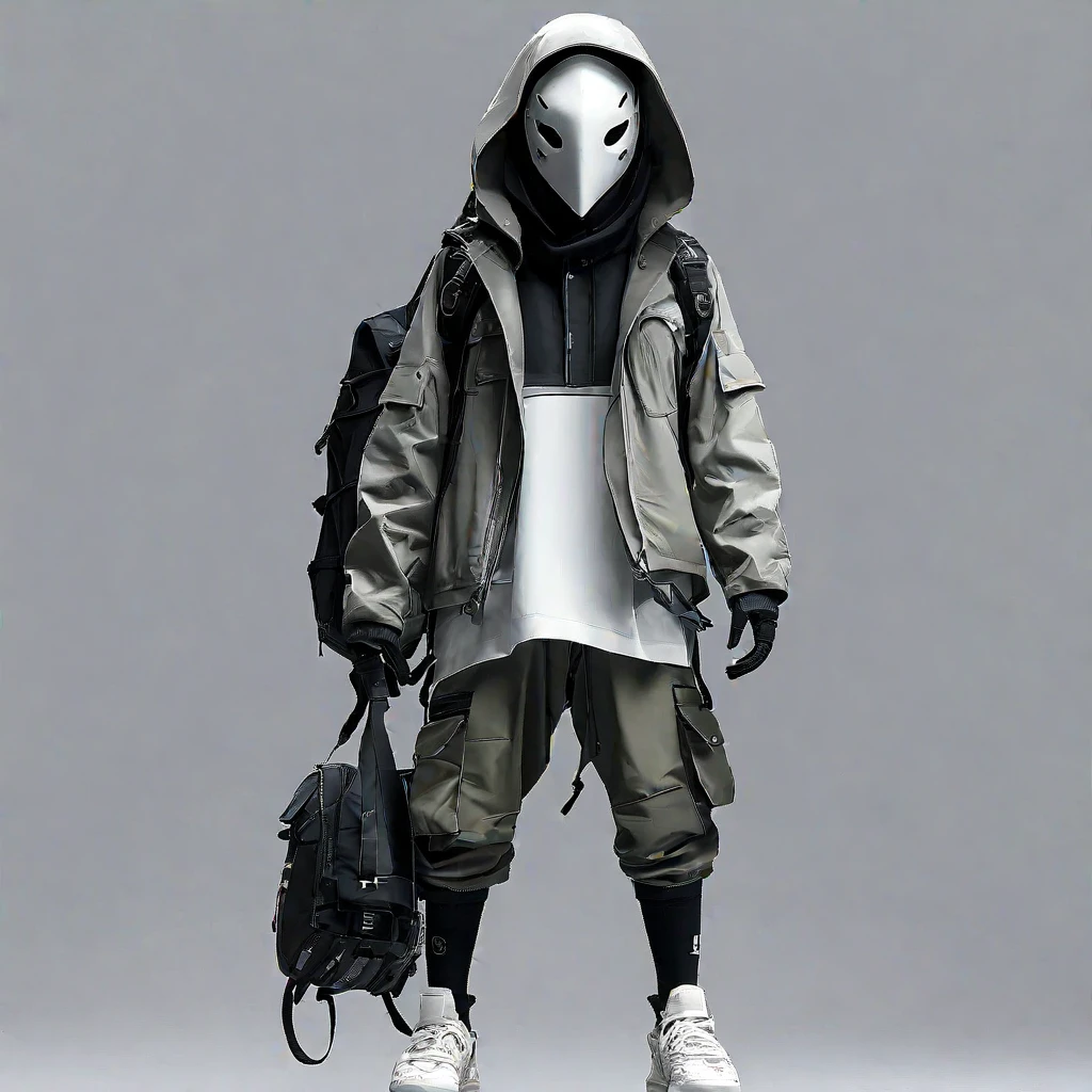 (masterpiece, best quality:1.2), 1boy, backpack, full body, grey background, helmet, hood, hooded jacket, jacket, mask, solo, standing