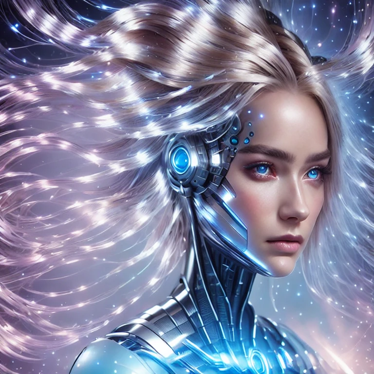 (masterpiece, best quality:1.2), 1girl, solo, a woman with a futuristic head and a futuristic body, cyborg, beautiful sci - fi girl, cyborg - girl with silver hair, beutiful girl cyborg, beautiful female android, beautiful android woman, cyborg - girl, cyborg girl, portrait of female humanoid, beautiful cyborg girl, sci-fi, beautiful female android,