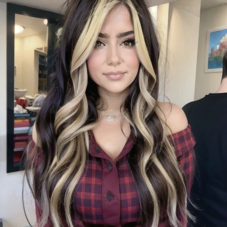 (masterpiece, best quality:1.2), 1girl, anime style girl, with long hair, detailed face, detailed eyes, with two colors of black with blonde streaks in the front, big chest, tits, wearing a white off-the-shoulder blouse and a red plaid pleated miniskirt.