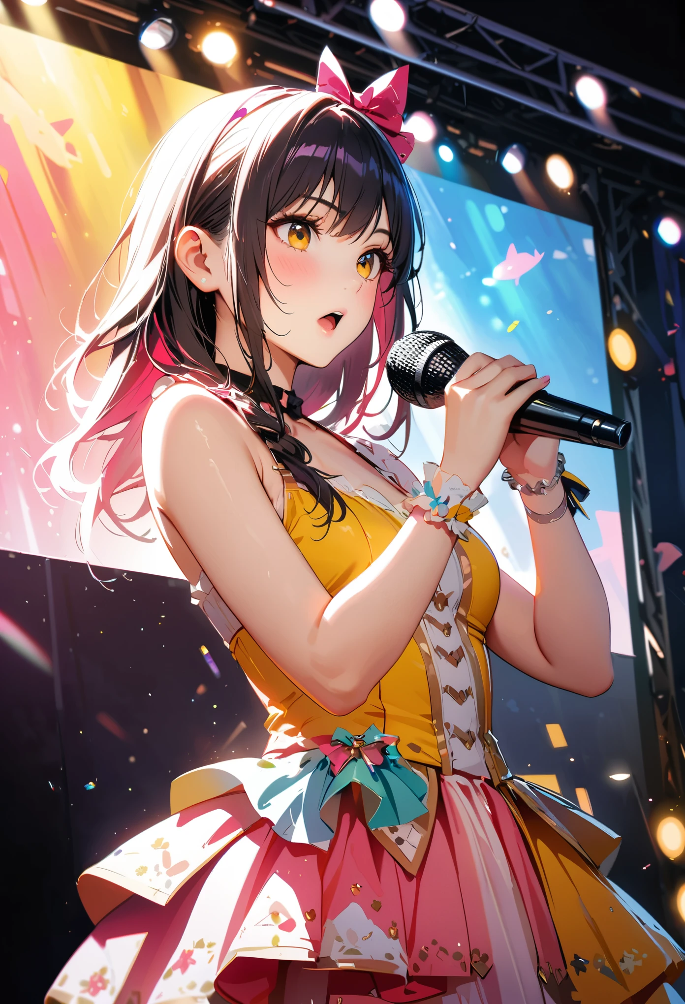 NMB48 idol,dramatic angle,stage,idolmaster cinderella girls starlight stage,stage lights,singing,holding microphone,HDR,UHD,studio lighting,ultra-fine painting,sharp focus,physically-based rendering,extreme detail description,professional,vivid colors,bokeh,portraits,delicate skin texture,full lipsheavy bright makeupnatural volumetric,Dream colors,studio light,isometric,Best quality,UHD,HDR,16K,high resolution,unreal engine 5,ultra-detailed,photorealistic,3D rendering,hyper realistic,Award-winning,Fujichrome Provia 100F,Fujifilm Neopan 100,Fujicolor C200,Fujicolor Pro 400H,Fujicolor Fujichrome Velvia 100,Takeshi Kitano