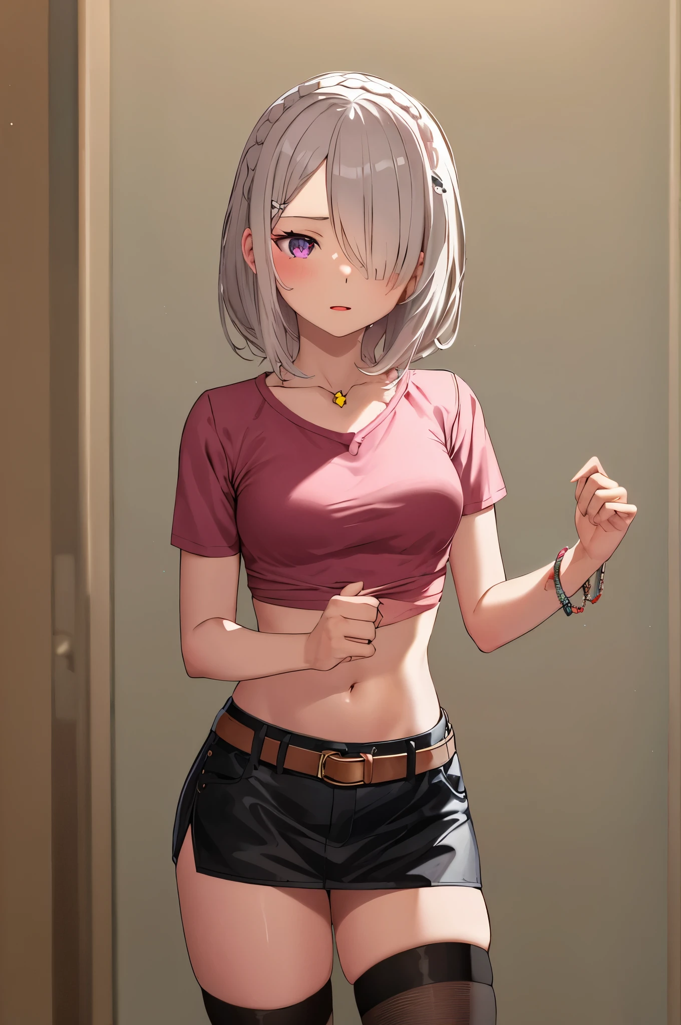 Emilia re:zero, purple eyes, Emilia, crown braid, x hair ornament, flower hair ornament, white hair, long hair, medium breasts, masterpiece, best quality, highres, hmeliza, 1girl, jewelry, single thighhigh, hair over one eye, midriff, black skirt, asymmetrical legwear, pink shirt, black thighhighs, belt, miniskirt, standing, cowboy shot,