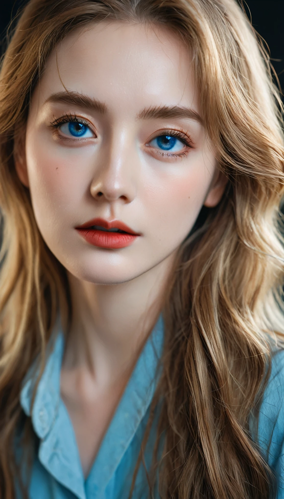 masterpiece, absurd,Award-winning photos, Extremely detailed, Astonishing, Fine details, Extremely detailed eyes and Face, author：lee jeffries Nikon d850 film stock photos 4 Kodak portra 400 camera f1.6 lenses，colorful，Ultra-realistic，Lifelike，Dramatic lighting，Unreal Engine，The popular cinestill 800 tungsten lamp on the art station, Beautiful reddish brown_Miss, a Miss with long blond hair and blue eyes ,Perfect Route_Face, Perfect Route_Body