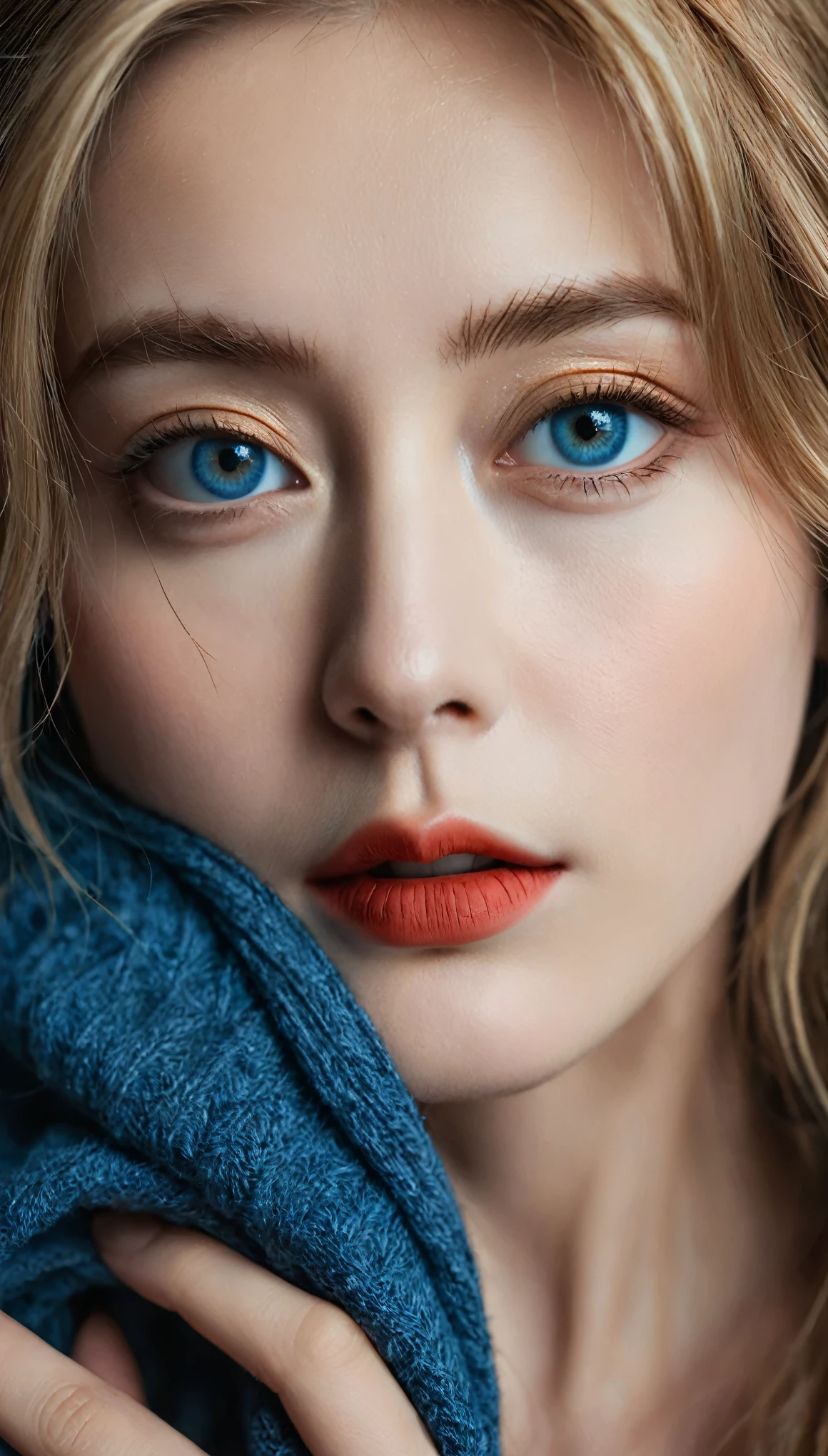 masterpiece, absurd,Award-winning photos, Extremely detailed, Astonishing, Fine details, Extremely detailed eyes and Face, author：lee jeffries Nikon d850 film stock photos 4 Kodak portra 400 camera f1.6 lenses，colorful，Ultra-realistic，Lifelike，Dramatic lighting，Unreal Engine，The popular cinestill 800 tungsten lamp on the art station, Beautiful reddish brown_Miss, a Miss with long blond hair and blue eyes ,Perfect Route_Face, Perfect Route_Body