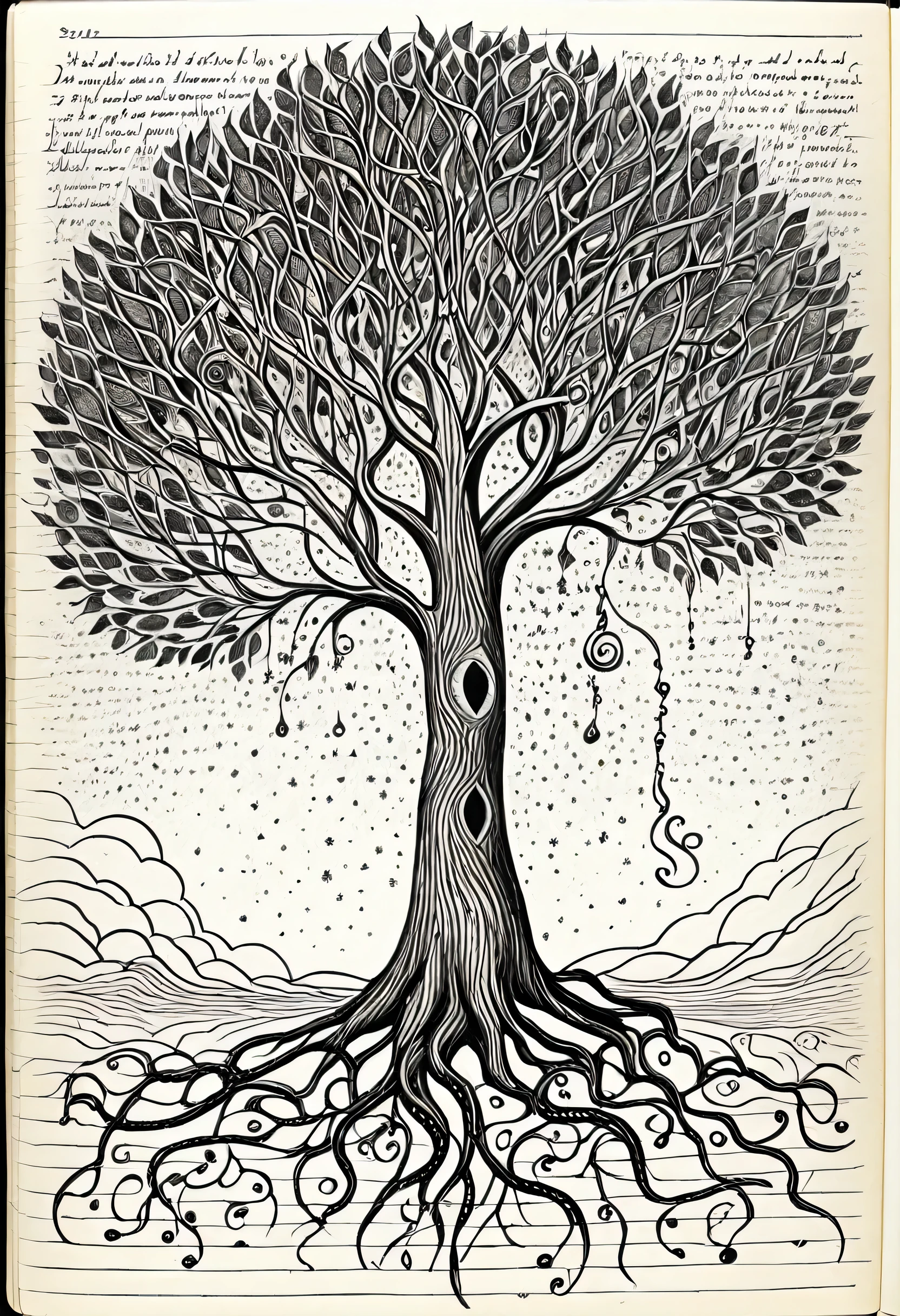 there is a drawing of a tree with a man and a woman, sketch of a lucid dream, inspired by William Blake, surreal drawing, artistic drawing, exquisite corpse, classroom doodle, tree of life seed of doubt, drawn on paper, on a notebook page, an ink drawing, doodle, inspired by Ib Eisner, inspired by Alfred Kubin, black and white drawing