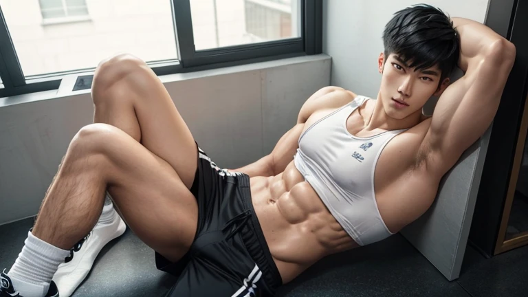 Hot tall Asian guy with white sport socks almost, Super hot, very good-looking, sports athlete, reveal full body, short black hair, baby face, very long legs, super tall, volleyball player height, solo, male, titan muscles, looking down at you, slender straight legs, height: 300 cm, sharp eyeliner, broad shoulders, slender waist, 18-years old, muscular physique, very beautiful and detailed face, wide shoulders and narrow waist: 3, short detailed hair, clear and sexy face, excellent body proportions, bodybuilding champion, sport shorts and tank top, pure face, slight smile, SUPER TALL,