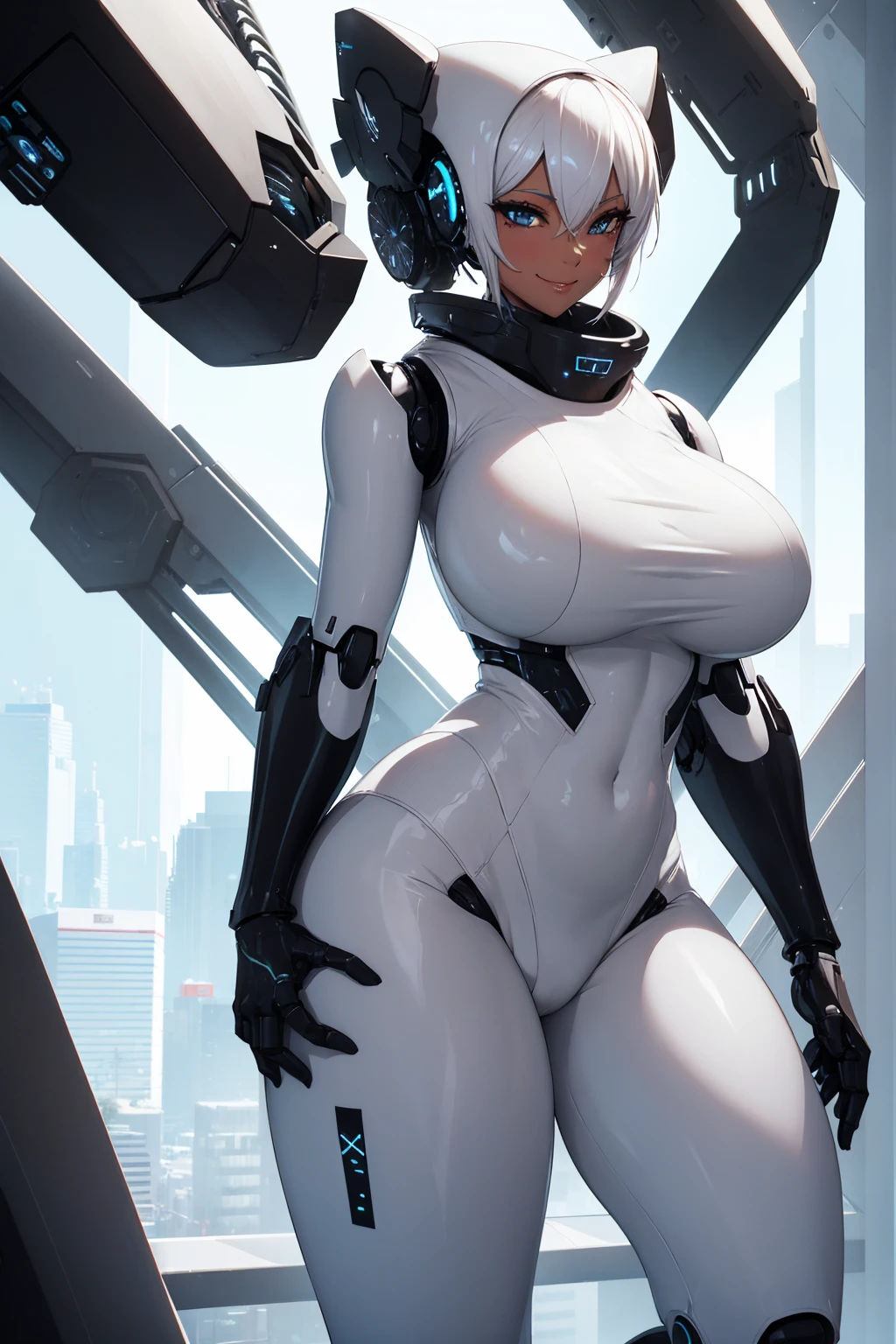 Haydee Robot, sexy, big breasts breast enlargement black skin, sci-fi city, black high heels, blushing, white hair, bikini big eyes, full-body shot looking at the camera and smiling