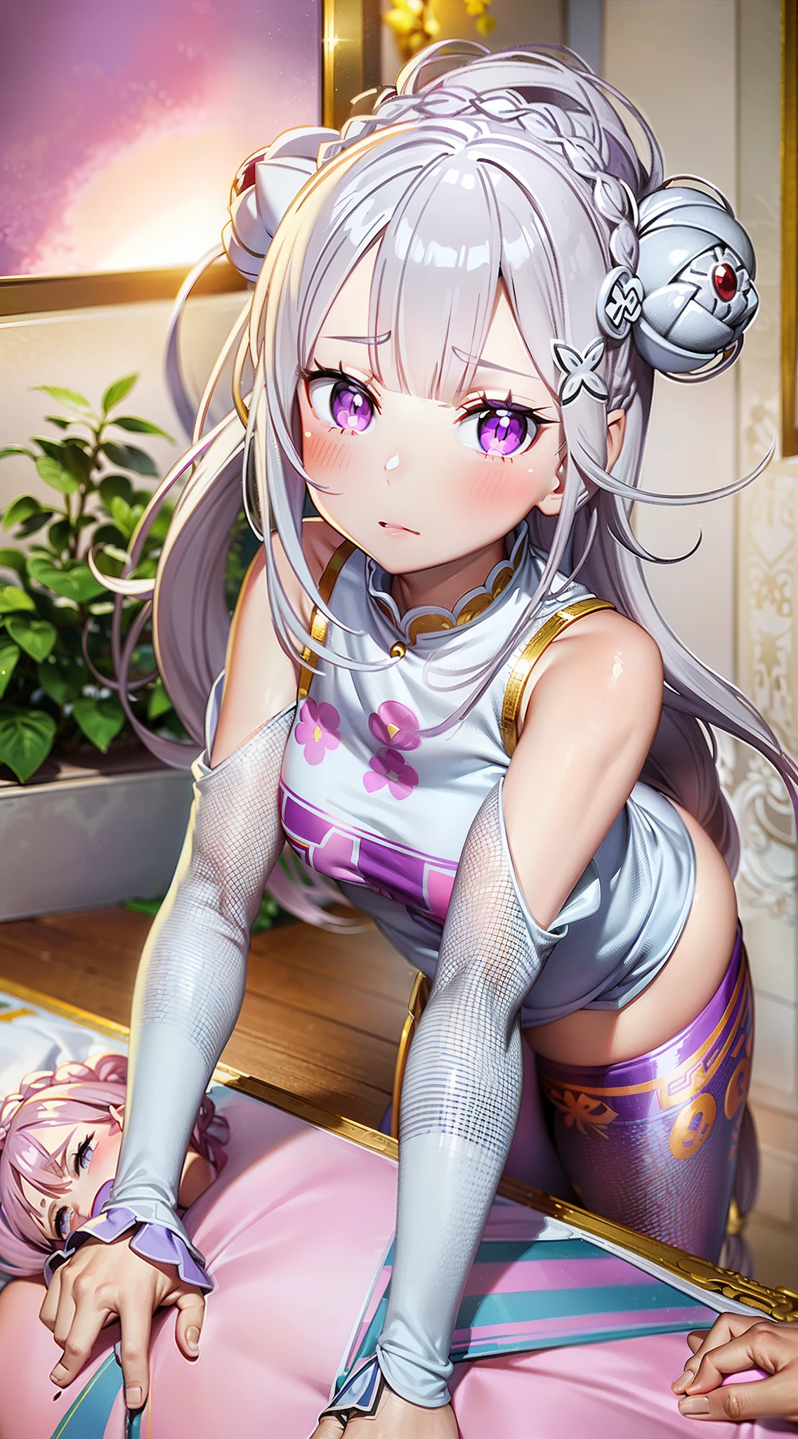 Emilia re:zero, purple eyes, Emilia, crown braid, x hair ornament, flower hair ornament, white hair, long hair, medium breasts, ((Masterpiece)), best quality, absurderes, ultra detailed, holographic, cowboy shot, golden ratio, super cute girl, mature girl, super beautiful asian girl with very beautiful violet glowing eyes, beautiful glowing pink multicolored hair, high ponytail, nice and sexy body, slim body, perfect body, wearing super tight anime printed leggings, an anime printed super tight off shoulder long sleeve crop top, beautiful hair ornament, pink jordan tennis, lying in a giant kawaii puff, in a beautiful girly bedroom with kpop posters