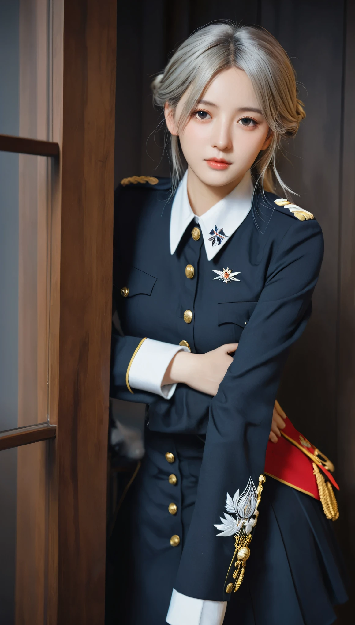 Frederick the Great (Azur Lane:0.5), Sagging breasts, military uniform, whole body, (permanent), indoors, outdoor, Model shooting style, masterpiece, detailed, high quality, Clear focus, dramatic, Realistic Art, posture, Express, leg, (extremely detailed CG unity 8k wallpaper), Professional Majestic Oil Paintings by Ed Blinkey,