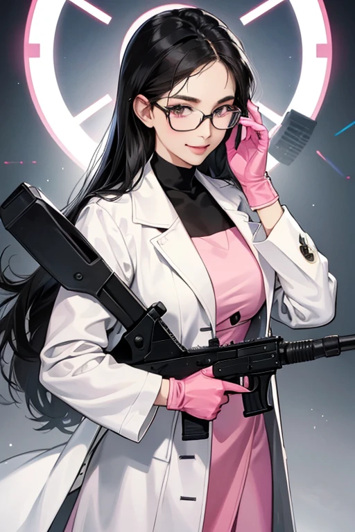 A mature woman with glasses and black hair in a white coat wearing long pink rubber gloves and a gentle smile as she fires a submachine gun