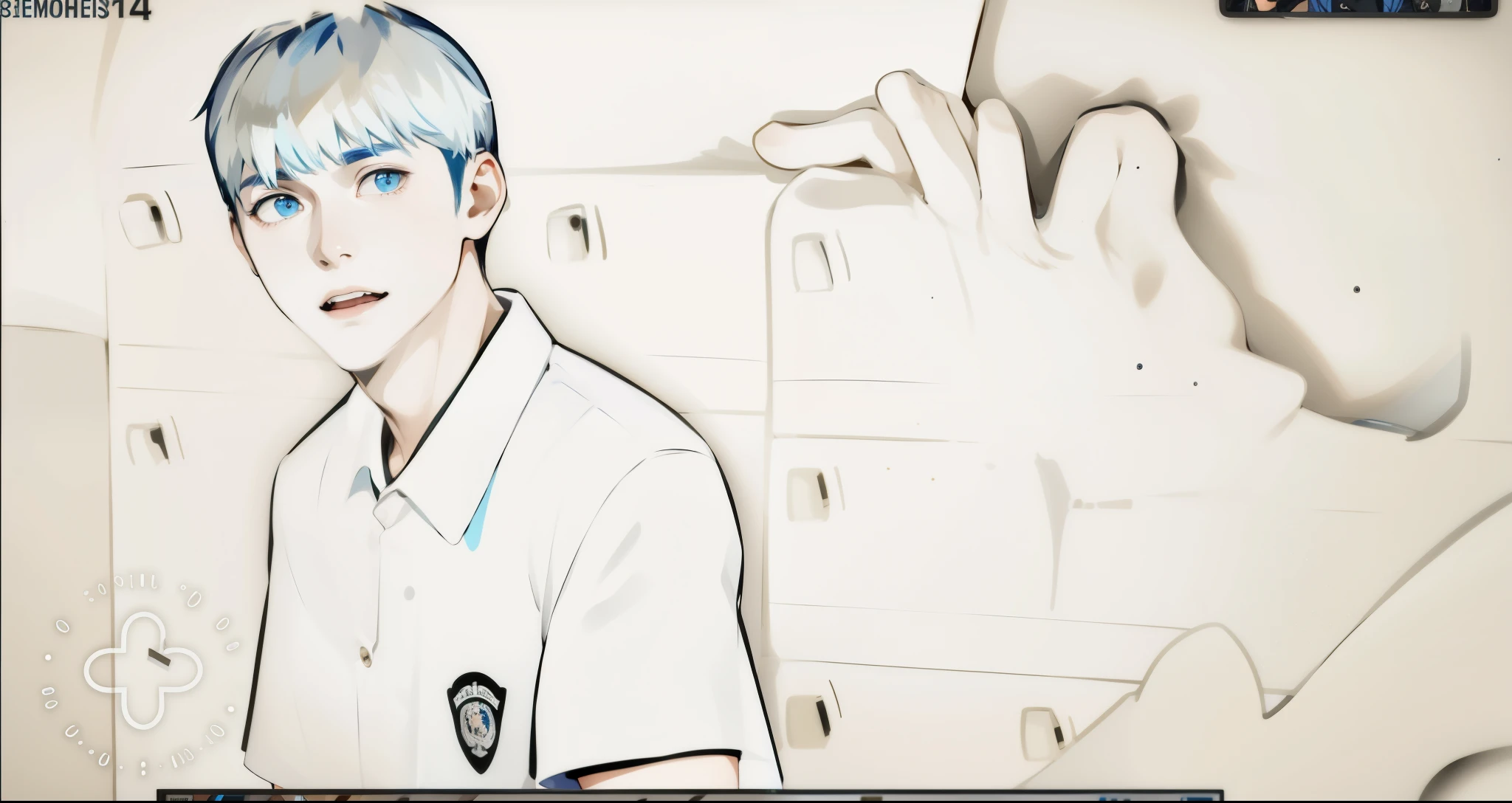 There are two 17-year-old boys with blue hair, they look at each other&#39;s faces, they are scared, worried.