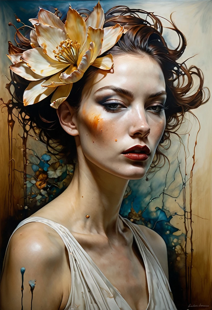 Il y a laideur dans la beauté mais il y a aussi beauté dans laideur, Dans le style de Stefan gesell, Esao andrews jenny Saville Edward hopper surréalisme style peinture à l’huile art de James jean  métal , rusted ,  fleur ,  nature ,