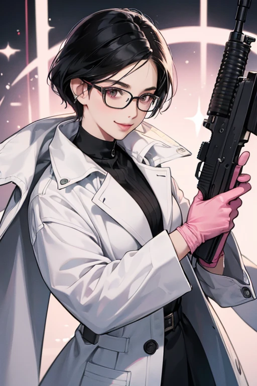 A mature woman with glasses and black hair in a white coat wearing long pink rubber gloves and a gentle smile as she fires a submachine gun