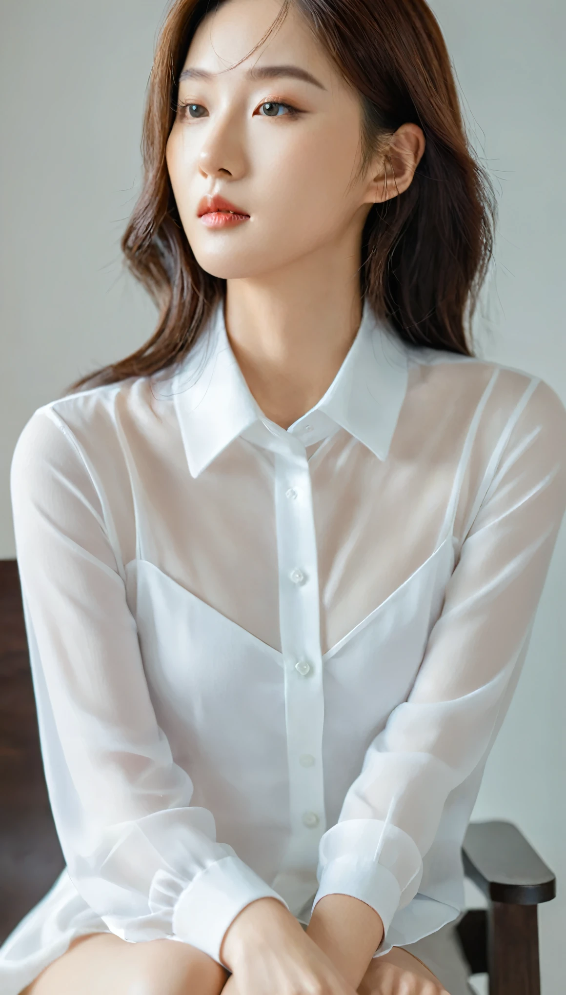 Close-up:A woman in a white shirt sits on a chair, Gorgeous young Korean woman, White clothes are transparent, breast,can be seen