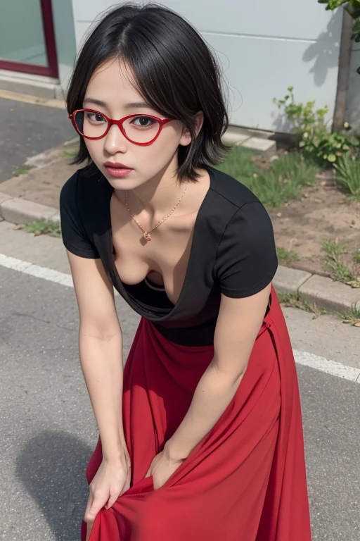 Down blouse , munechira,(((Small breasts))),Flat Chest ,avert your eyes, Bend your body , From above , Long skirt, close, necklace , Detailed Bra Overlap T-Shirt, short hair,8k, highest quality, masterpiece, Ultra-high resolution, (realism: 1.4), Original photo, (Real skin texture: 1.3)、Red frame glasses