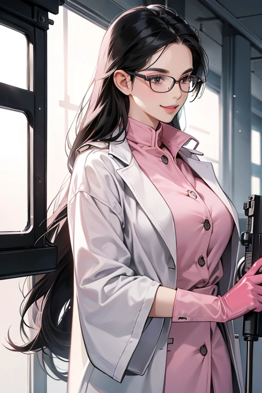 A mature woman with glasses and black hair in a white coat wearing long pink rubber gloves and a gentle smile as she fires a submachine gun