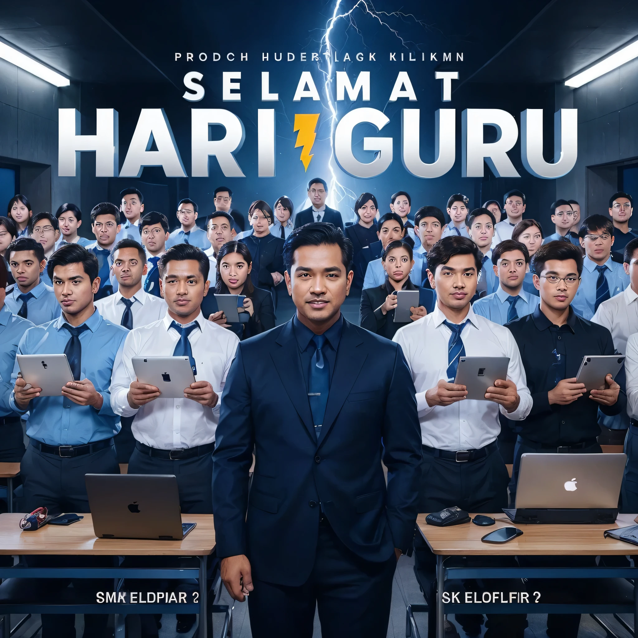 A captivating film poster showcasing a group of Malay male and female teachers dressed in blue shirt, white shirt, black shirt and necktie, proudly holding modern technology such as iPads, laptops, and smartphones. The text "SELAMAT HARI GURU" is displayed in large, bold, and impactful font at the top of the poster, with a light and shadow effect to make it stand out. Below the text, a principal teachers character with ipad at his hand displaying a happy expression wearing a dark blue suit. The background features a dramatic, modern school setting illuminated by lightning, with dark colors and contrast to create a tense atmosphere. At the bottom, small text displays "SMK ELOPURA 2"in Arial type font. The photo is ultra-realistic, captured in 8K HD quality.