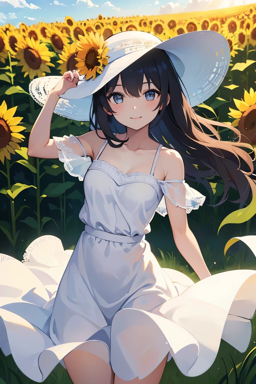 fuwa aika,1girl,solo, (White lace dress:1.2),flowing dress (sun visor hat:1.2), Sunflower field, under the sunlight, light smile,looking at viewer, wind, dynamic, strong light and shadow,dynamic pose,