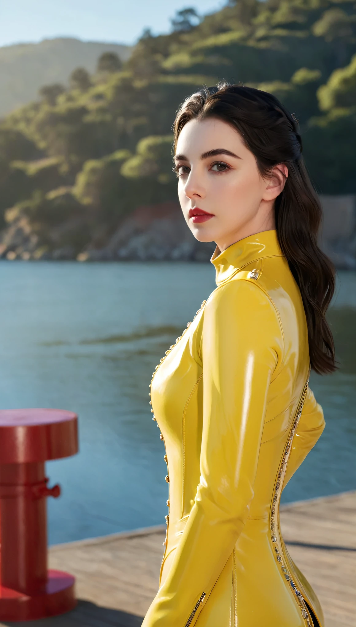 Adelaide Kane (Queen Mary Stuart, Domination Series), Wearing bright latex vede, Strong posture, looking at camera, Lakeside, detailed, daytime, Sunlight, ultra detailed photography, Warm lighting, Art Station, 4K, Clear focus, high resolution, masterpiece.