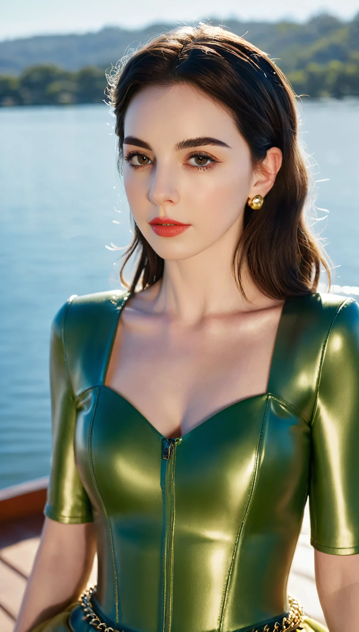 Adelaide Kane (Queen Mary Stuart, Domination Series), Wearing bright latex vede, Strong posture, looking at camera, Lakeside, detailed, daytime, Sunlight, ultra detailed photography, Warm lighting, Art Station, 4K, Clear focus, high resolution, masterpiece.