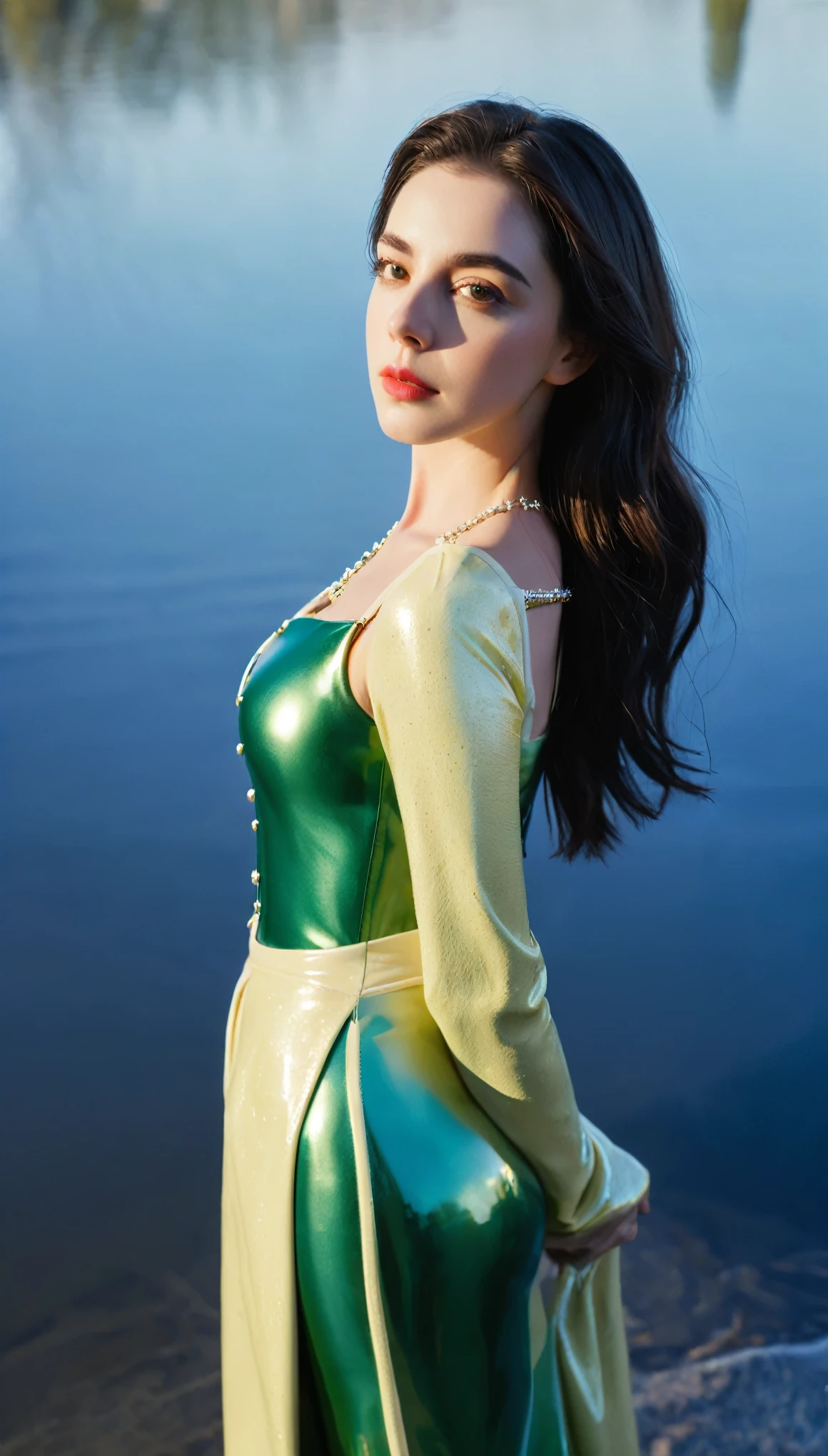 Adelaide Kane (Queen Mary Stuart, Domination Series), Wearing bright latex vede, Strong posture, looking at camera, Lakeside, detailed, daytime, Sunlight, ultra detailed photography, Warm lighting, Art Station, 4K, Clear focus, high resolution, masterpiece.