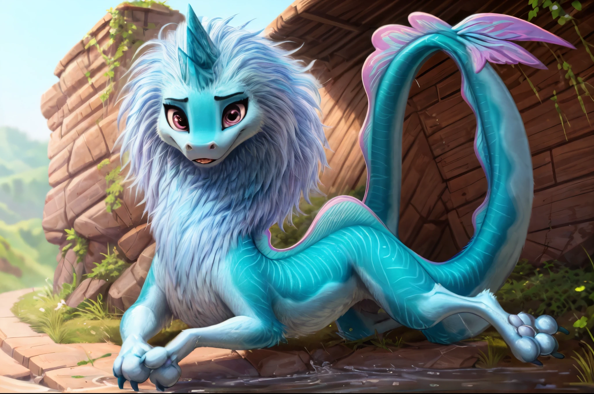 sisu, dragon, furry, ((((feral quadruped)))), masterpiece, best quality, High-resolution, super high resolution, 4k RAWfemale, long hair, cyan skin, long body, light blue mane, long body, full body, perfect lighting, long tail, detailed extremely, masterpiece, detailed fur, detailed shading, beautiful render art, perfect detailed face, detailed tabs, two horns, long hip, looking at the viewer, beautiful eyes, FEMALE, perfect body, perfect lighting, (((4 toes))), black claws, solo,(ultra detailed), eyeliner, perfect detailed eyes, front portrait, detailed nose dragon, (defined legs muscles), (((beautiful feet))),  (((beautiful hadns))), ((((all four legs are visible)))), detailed nose dragon, simple background, standing, detailed face, solo , full body portrait, beautiful eyes, cowboy shot, good anatomy, cinematic lighting, blue hair, perfect illustration, very long hair, realistic proportions, good anatomy, clearly draw eyes, detailed eyes, datiled pupiles, long lashes, detailed lashes, detailed face, detailes hair, beautiful hair, beautiful face, eyeliner, beautiful body, perfect body, good body anatomy, beautiful, beautiful feet, professional art, ultra detailed, perfect lighting, rounded eyes, perfect eyes, white background, extremely detailed beautiful eyes, eye pupil, beautiful eyelashes, realistic eyes, perfect body, perfect face, female focus, from front, looking away, distracted,