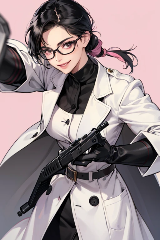 A muscular, bespectacled mature woman with black hair tied up in a white coat wearing long pink rubber gloves and smiling gently as she fires a submachine gun