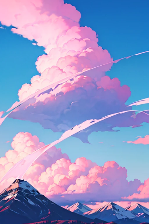 beautiful sky, has pink clouds, has blue sky, and has a mountain