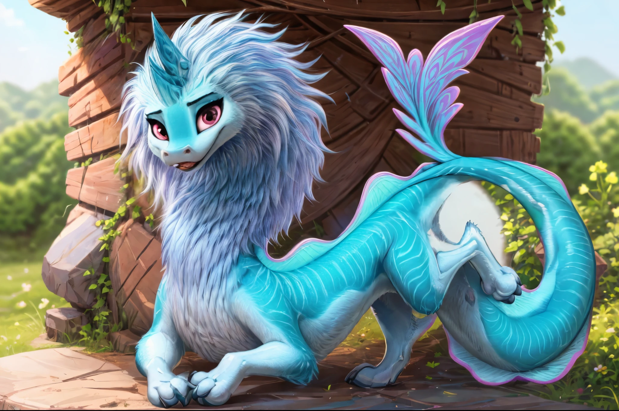 sisu, dragon, furry, ((((feral quadruped)))), masterpiece, best quality, High-resolution, super high resolution, 4k RAW, female, long hair, cyan skin, long body, light blue mane, long body, full body, perfect lighting, long tail, detailed extremely, masterpiece, detailed fur, detailed shading, beautiful render art, perfect detailed face, detailed tabs, two horns, long hip, looking at the viewer, beautiful eyes, FEMALE, perfect body, perfect lighting, (((4 toes))), black claws, solo,(ultra detailed), eyeliner, perfect detailed eyes, front portrait, detailed nose dragon, (defined legs muscles), (((beautiful feet))),  (((beautiful hadns))), ((((all four legs are visible)))), the four legs are excellently drawn excellently detailed and without deformations or mutations, detailed nose dragon, simple background, standing, detailed face, solo , full body portrait, beautiful eyes, cowboy shot, good anatomy, cinematic lighting, blue hair, perfect illustration, very long hair, realistic proportions, good anatomy, clearly draw eyes, detailed eyes, datiled pupiles, long lashes, detailed lashes, detailed face, detailes hair, beautiful hair, beautiful face, eyeliner, beautiful body, perfect body, good body anatomy, beautiful, beautiful feet, professional art, ultra detailed, perfect lighting, rounded eyes, perfect eyes, white background, extremely detailed beautiful eyes, eye pupil, beautiful eyelashes, realistic eyes, perfect body, perfect face, female focus, from front, looking away, distracted,