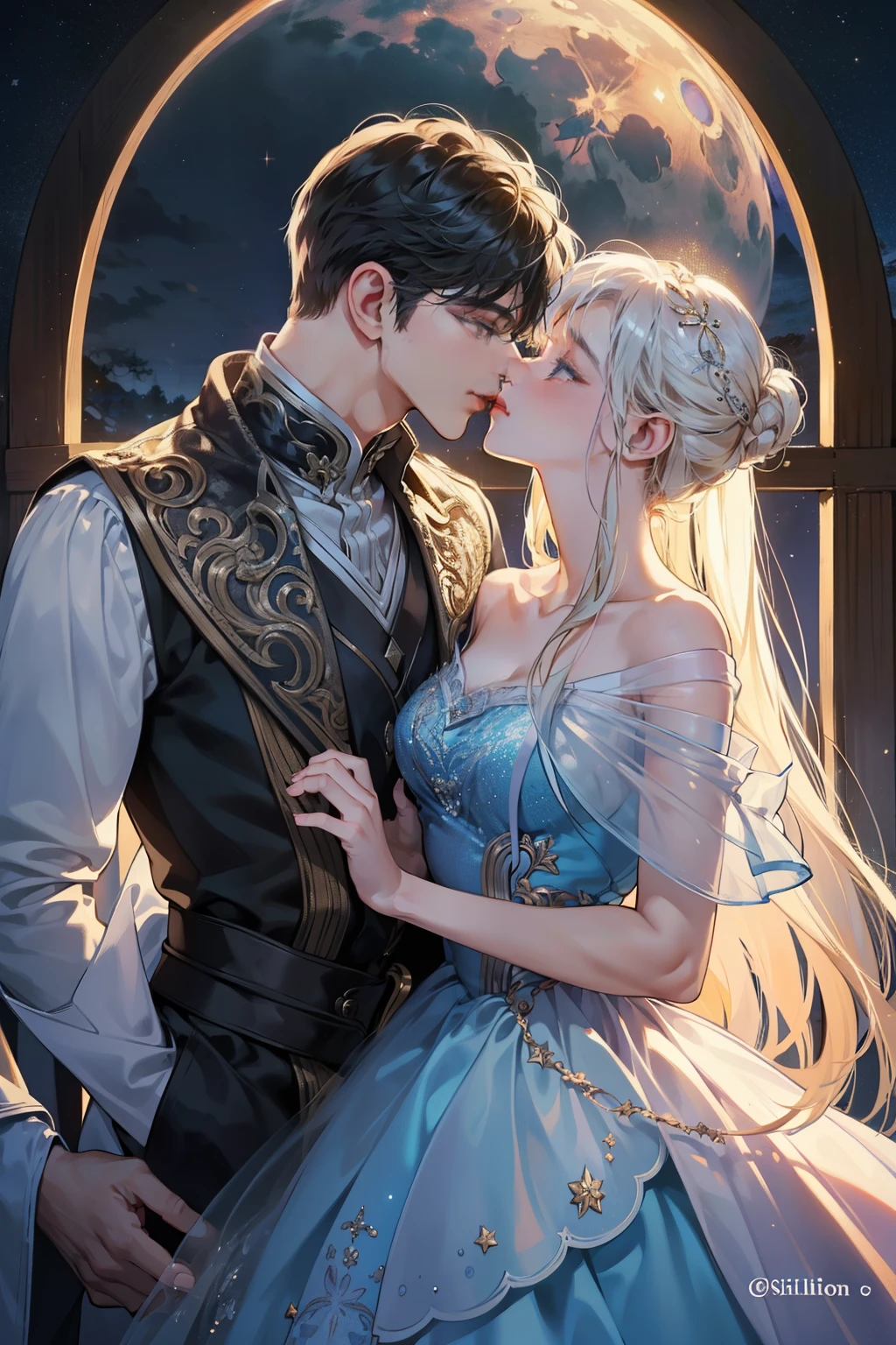 (Ultra-detailed, romantic, high-resolution, best quality, glowing ambiance)
(A masterpiece, 1.4, Moonlit backdrop)
(Shimmering dress, sparkling sequins, intricately designed, detailed lace, breathtaking)
(By his side, a handsome boy, both under the soft glow of the moon)
(Embracing each other, their eyes locked in a passionate gaze)
(Pressing their lips together, a kiss filled with love and longing)
(A magical moment, frozen in time, encapsulating the essence of romance)
(BREAK, Night landscape, twinkling stars, silhou