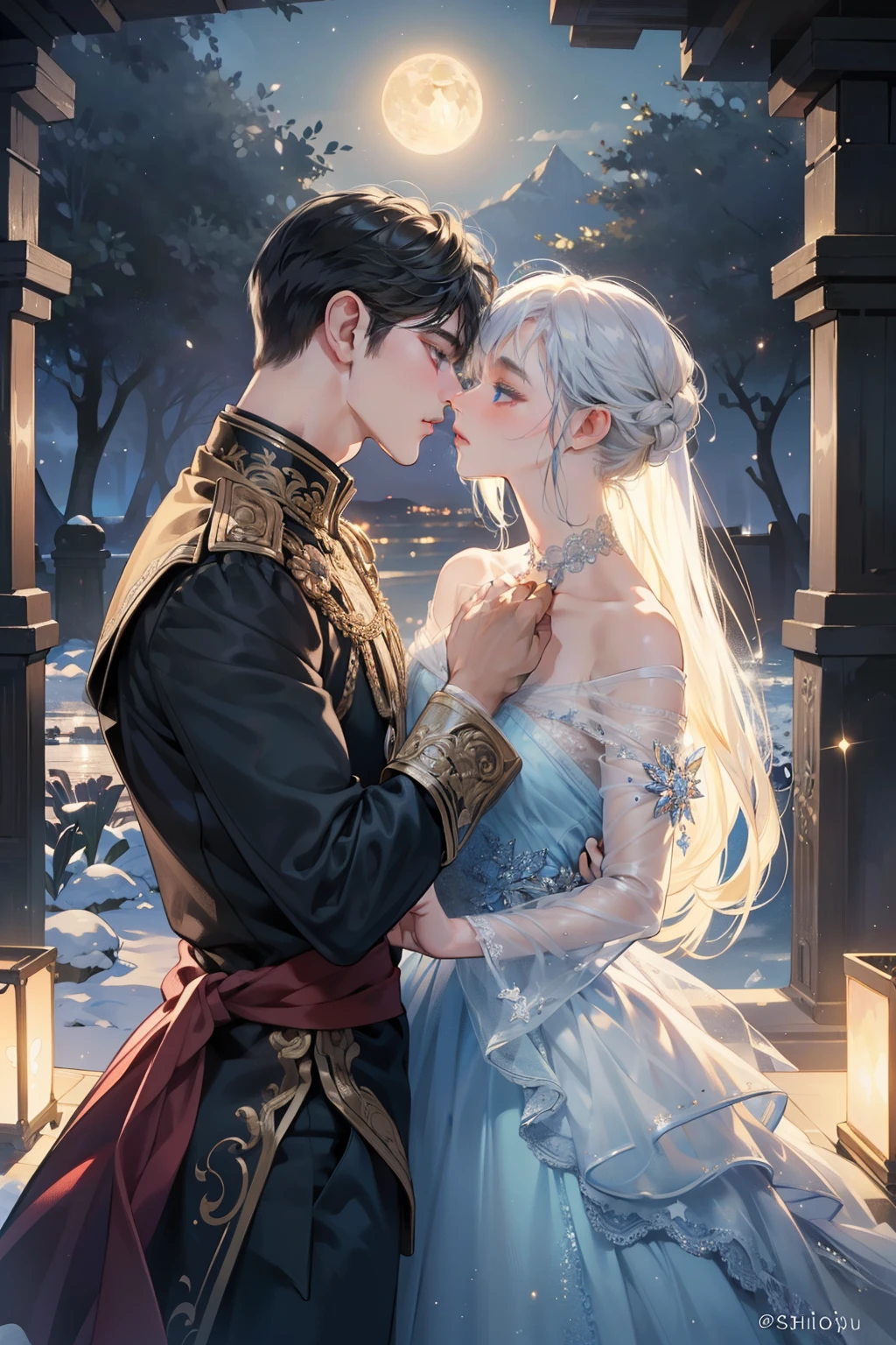 (Ultra-detailed, romantic, high-resolution, best quality, glowing ambiance)
(A masterpiece, 1.4, Moonlit backdrop)
(Shimmering dress, sparkling sequins, intricately designed, detailed lace, breathtaking)
(By his side, a handsome boy, both under the soft glow of the moon)
(Embracing each other, their eyes locked in a passionate gaze)
(Pressing their lips together, a kiss filled with love and longing)
(A magical moment, frozen in time, encapsulating the essence of romance)
(BREAK, Night landscape, twinkling stars, silhou