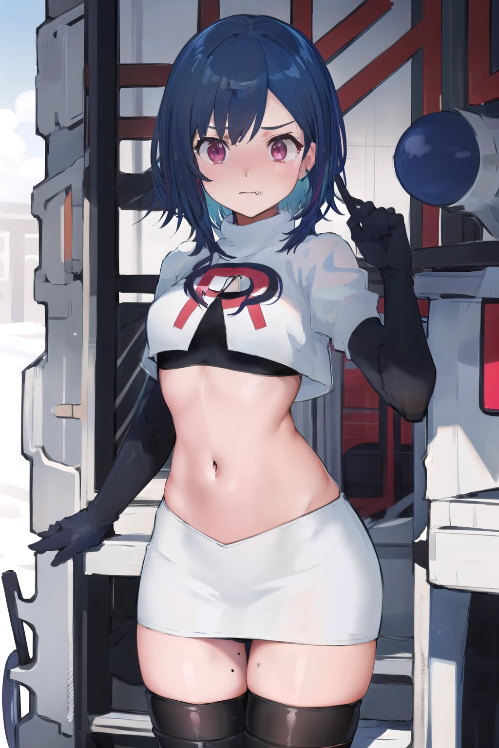 (masterpiece), (best quality),  1girl, solo, fang, blue hair, skin fang, short hair, hair behind ear, purple eyes, team rocket,team rocket uniform,white skirt,red letter R,crop top,black thigh-highs,black elbow gloves, hair ornament, medium breasts, mole on thigh, outdoors, blush, embarrassed, cowboy shot