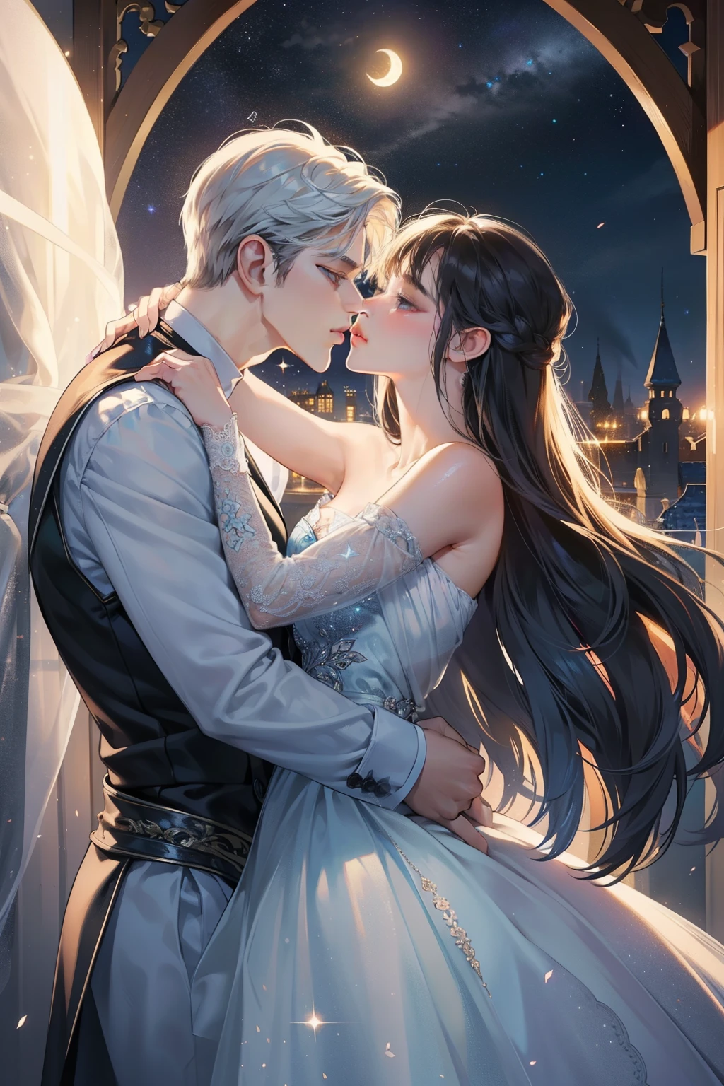 (Ultra-detailed, romantic, high-resolution, best quality, glowing ambiance)
(A masterpiece, 1.4, Moonlit backdrop)
(Shimmering dress, sparkling sequins, intricately designed, detailed lace, breathtaking)
(By his side, a handsome boy, both under the soft glow of the moon)
(Embracing each other, their eyes locked in a passionate gaze)
(Pressing their lips together, a kiss filled with love and longing)
(A magical moment, frozen in time, encapsulating the essence of romance)
(BREAK, Night landscape, twinkling stars, silhou